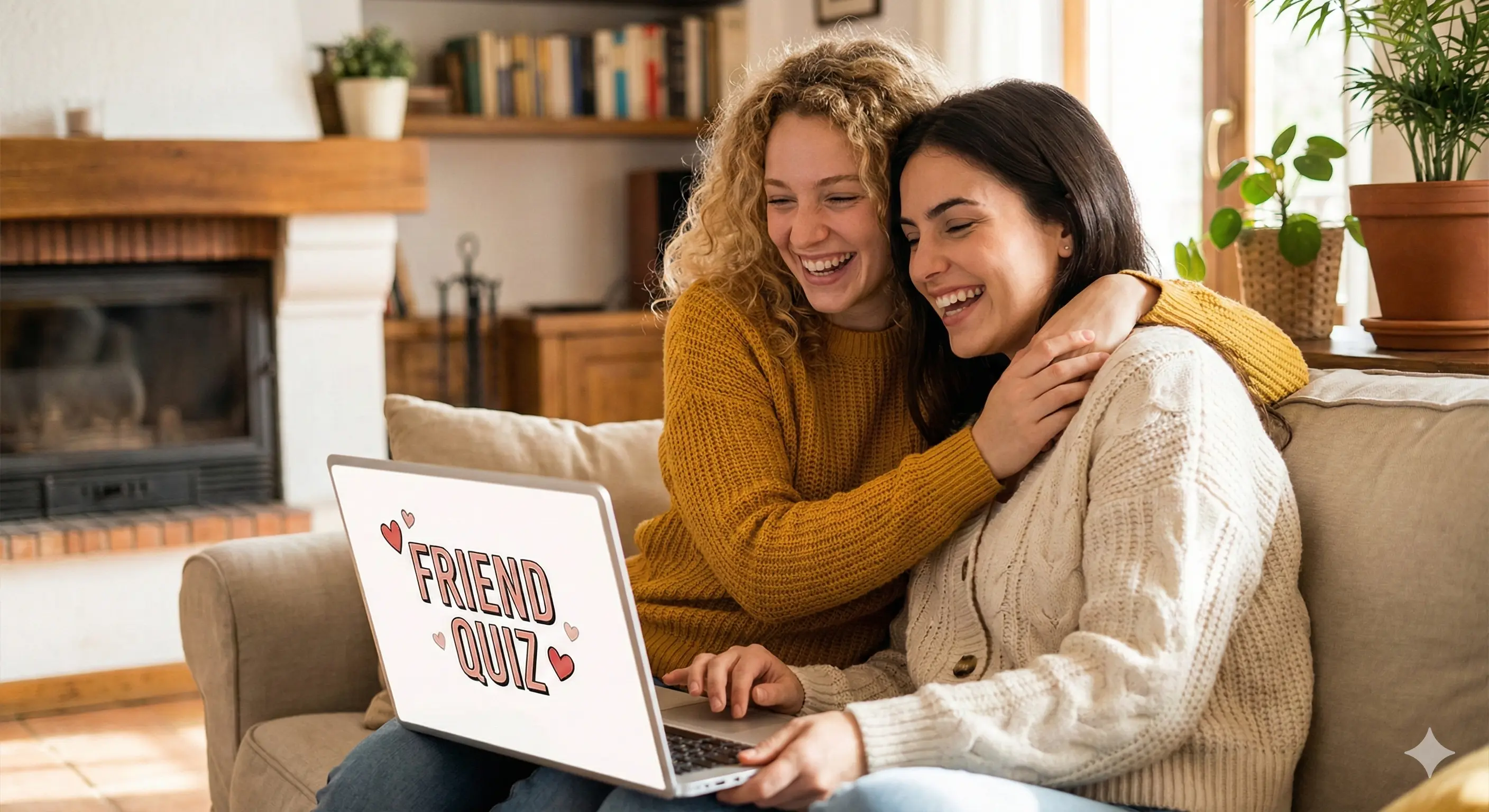 Best friends taking a Friend Quiz together on a laptop, laughing and enjoying the moment.