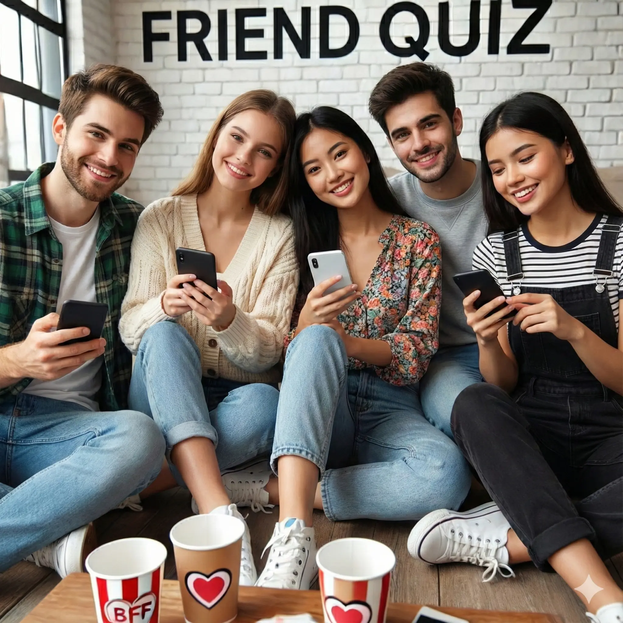 Group of friends having fun with a Friendship Quiz on their phones.