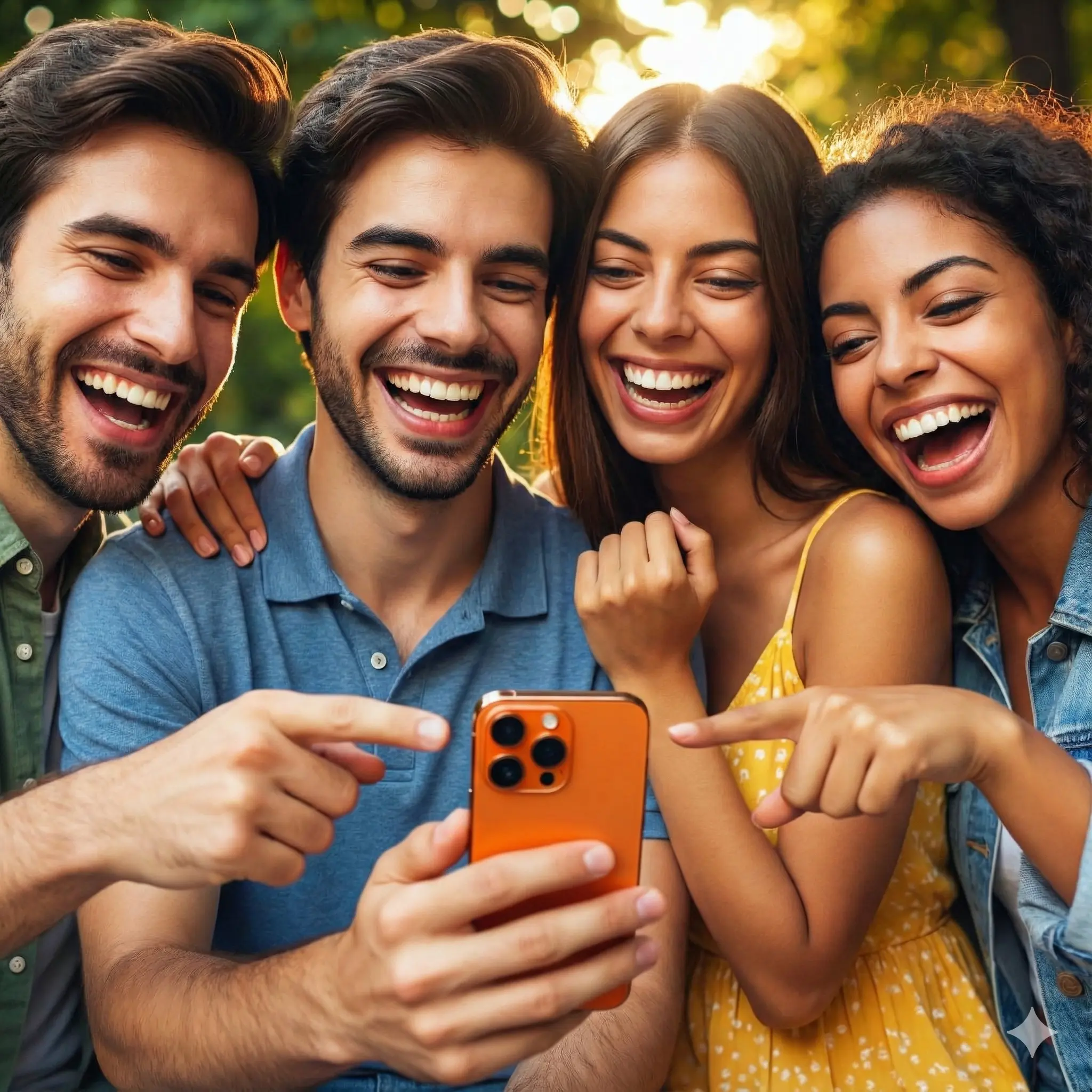 Friends laughing outside while checking Friend Quiz scores.