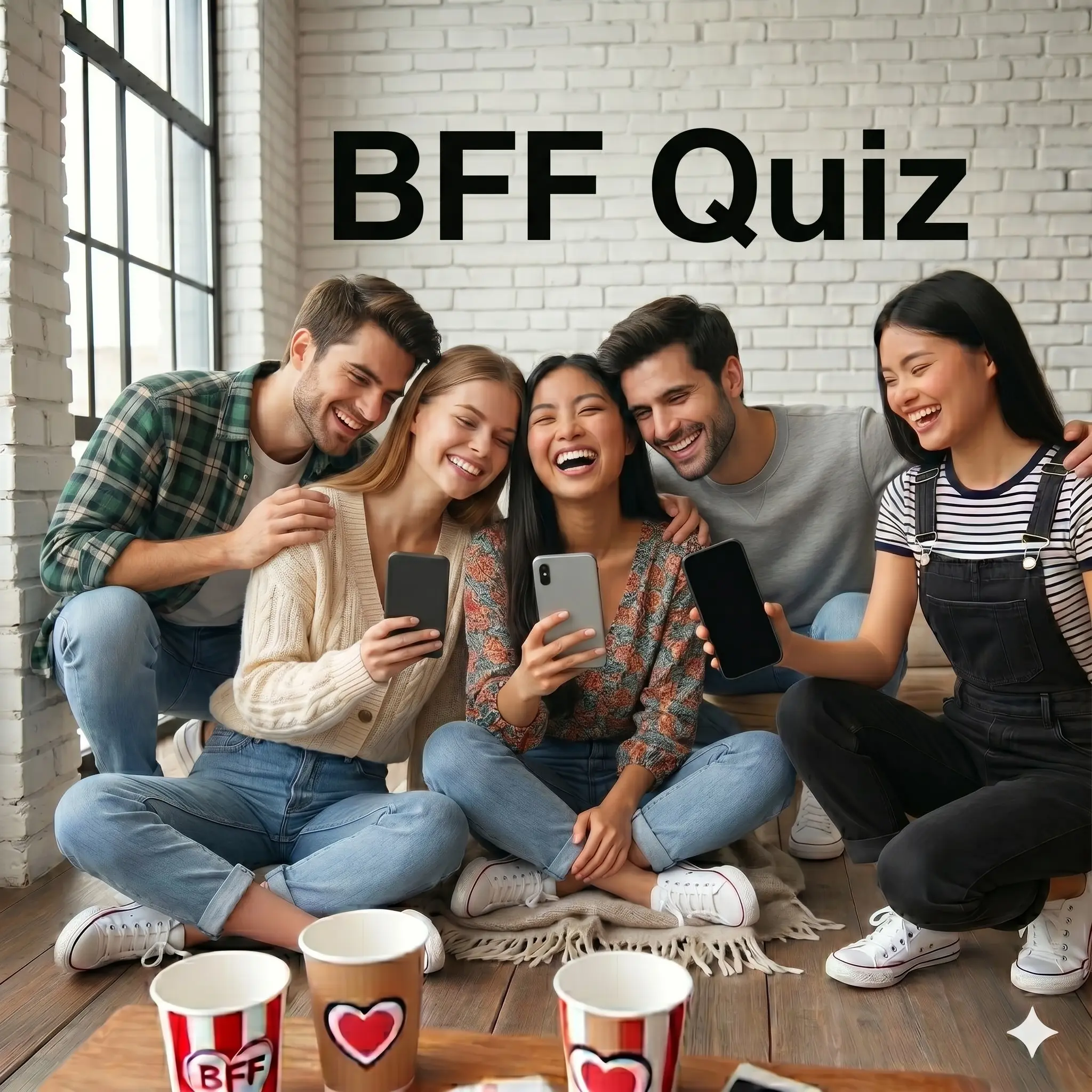 Friends playing a BFF Quiz on smartphones, smiling and tapping answers in a group chat energy