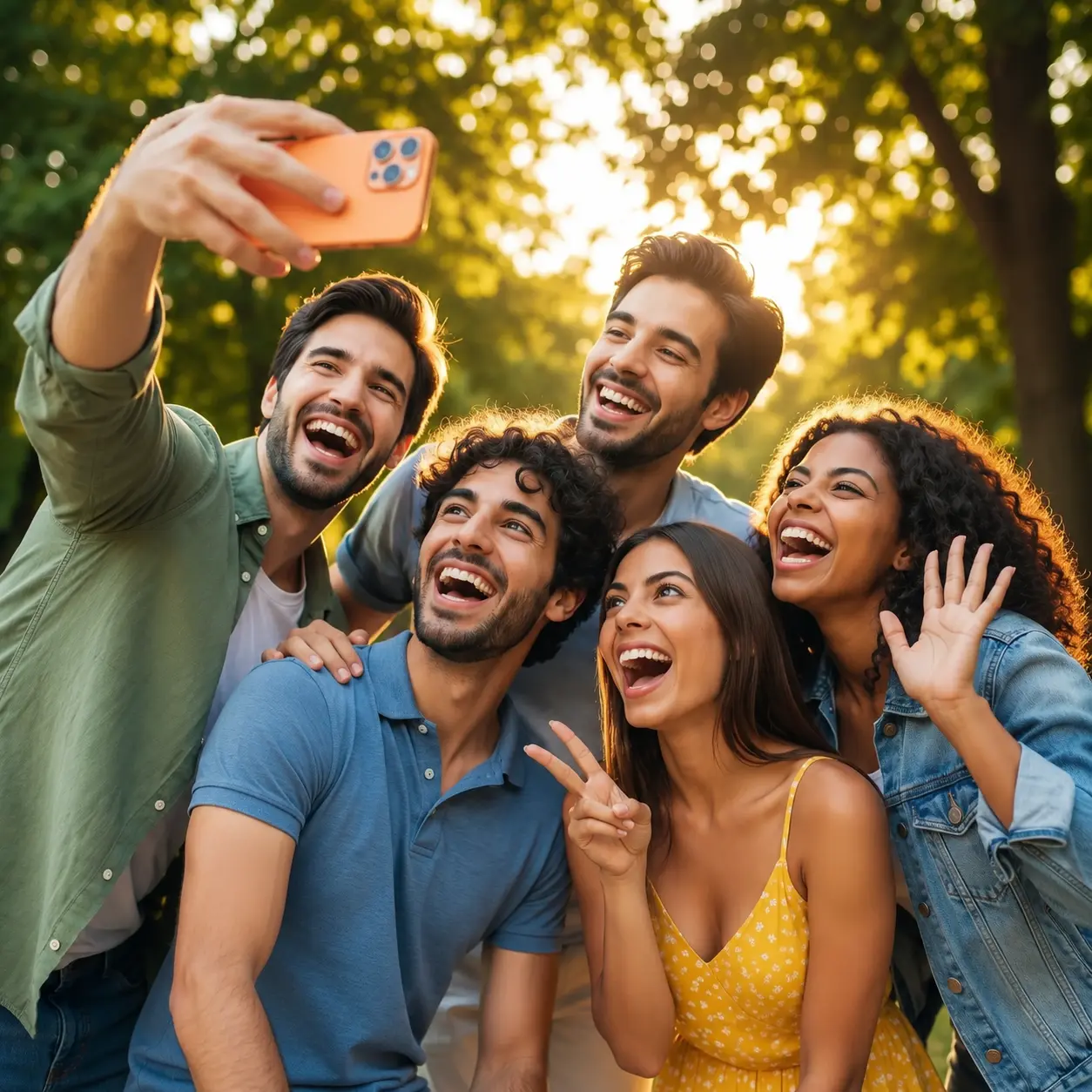 Friends outside laughing while checking BFF Quiz scores and leaderboard rankings on a phone