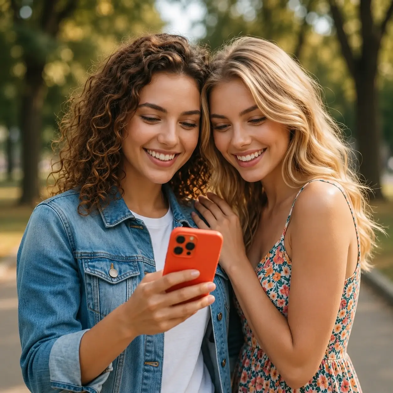 Best friends taking a selfie after finishing a BFF Quiz with high scores and big smiles