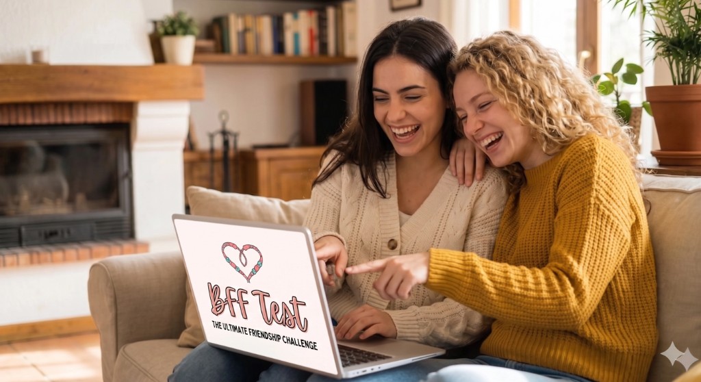 Friends playing a BFF Test on a phone with BFF heart cups around them