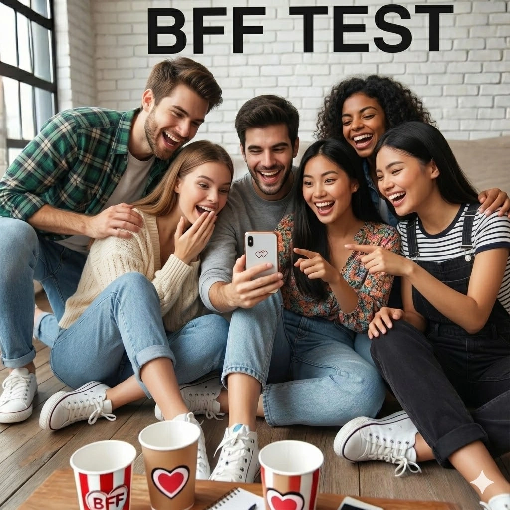 Two friends laughing on a couch while looking at a laptop showing their BFF Test bracket