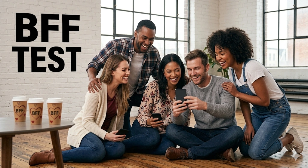 Group of friends in a loft laughing together while one shares their BFF Test result on a phone