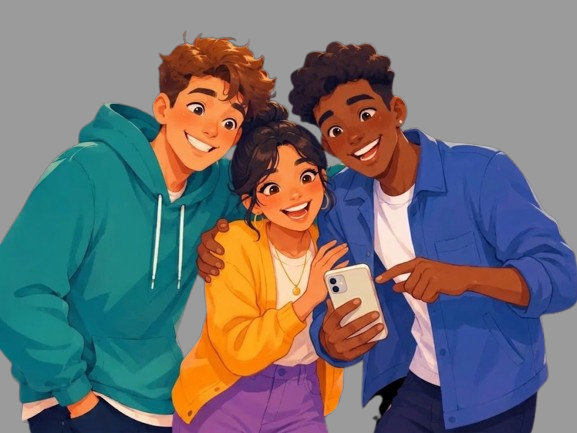 Three friends laughing while taking a BFF Test on a phone, comparing how well they know each other