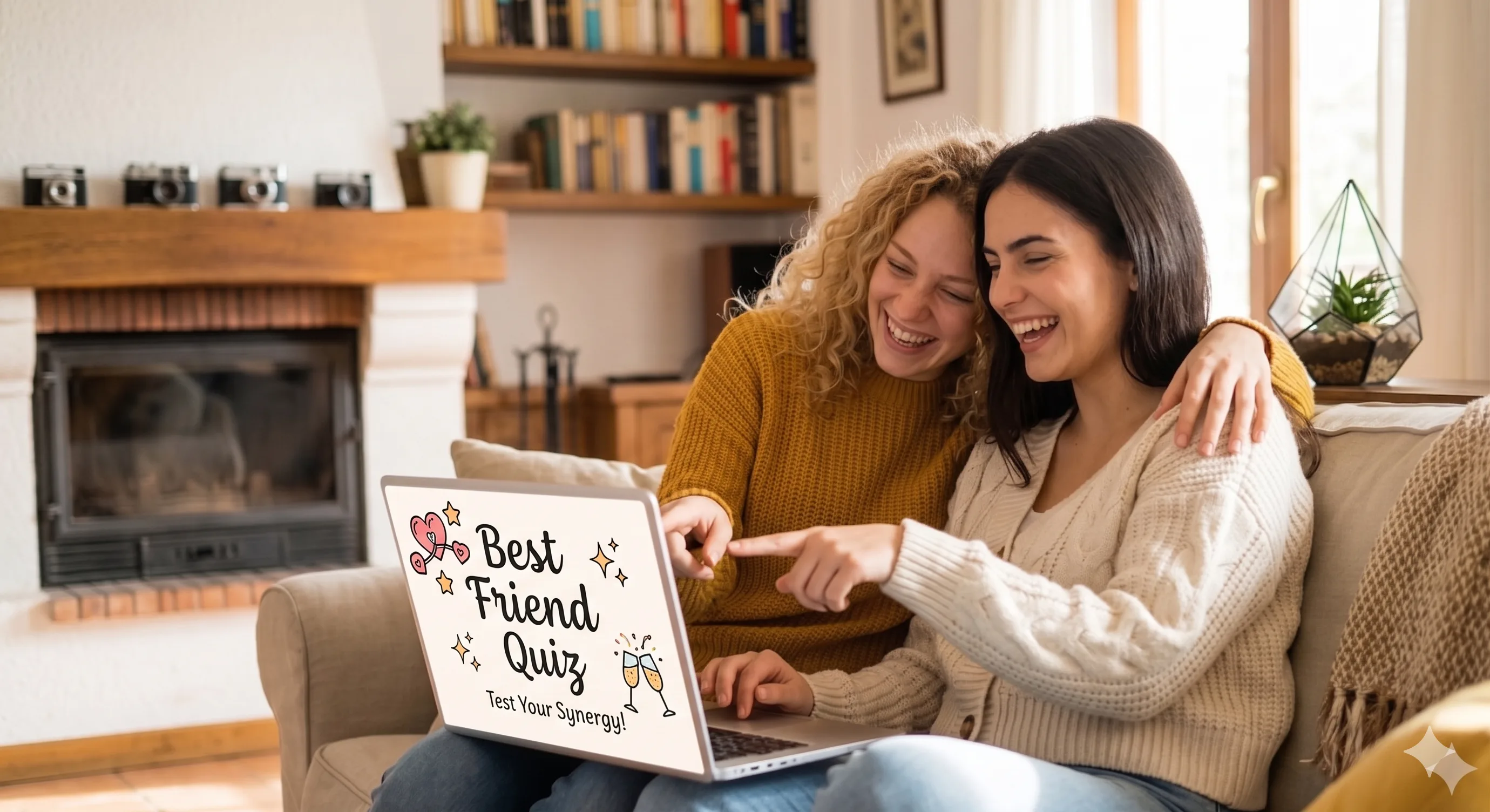 Best Friend Quiz on a laptop: friends gathered around the screen comparing who knows the creator best