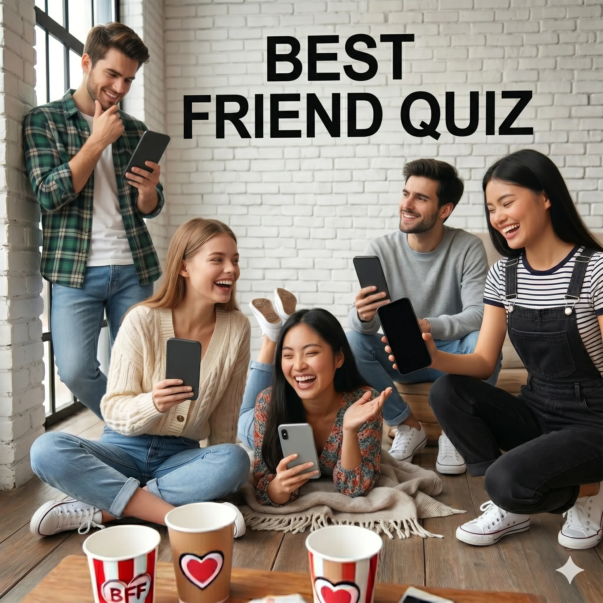 Friends playing a Best Friend Quiz on smartphones, smiling and tapping answers in a group chat energy