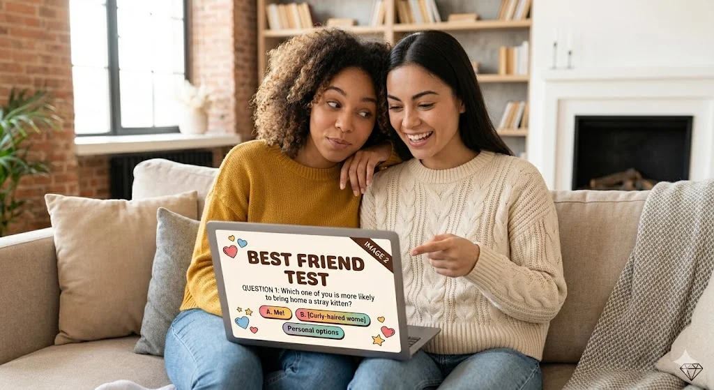 Two best friends sitting together taking a Best Friend Test on a laptop and reacting to the results