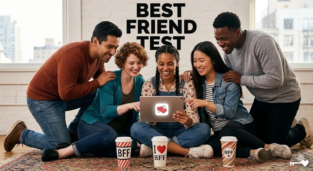 Group of close friends on their phones taking and sharing a Best Friend Test with each other