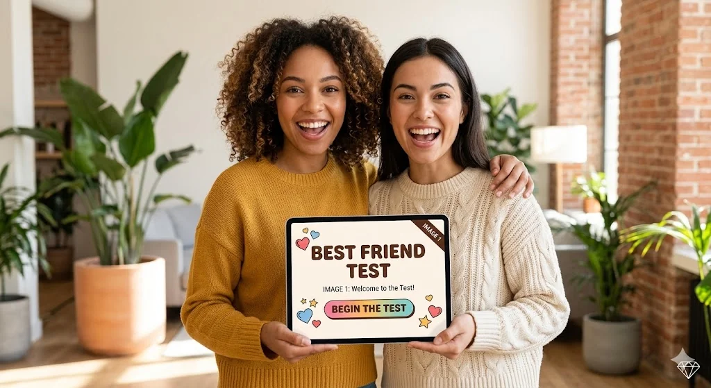 Friends comparing Best Friend Test scores and laughing about who knows each other best