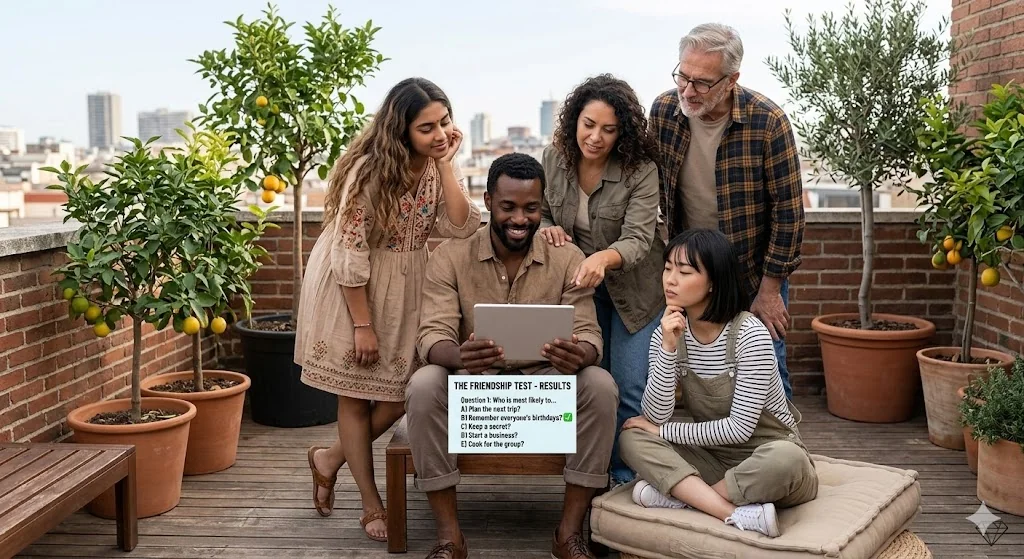 Friends on their phones sharing and completing a Friendship Test link in a group chat