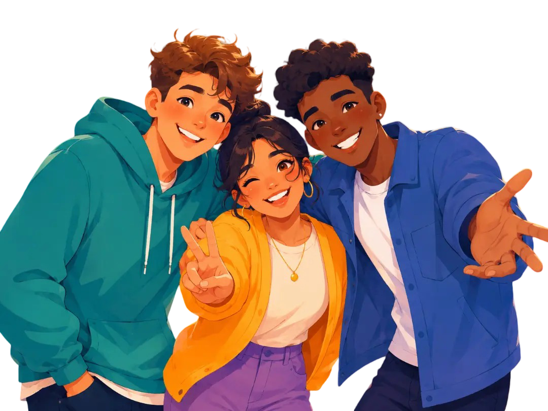 Three smiling friends posing together for a Friend Quiz