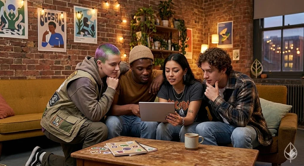 Group of friends sitting together laughing and playing a Quiz for Friends on a laptop