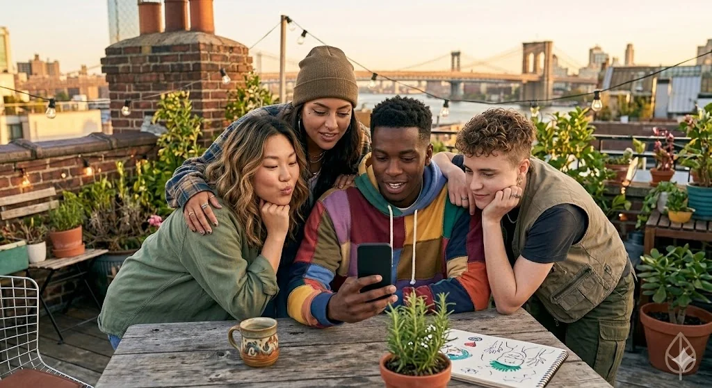 Friends gathered together outdoors enjoying the results of a Quiz for Friends
